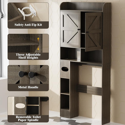 Vipbear Freestanding Wooden Over The Toilet Storage Cabinet with 2 Barn Doors, Toilet Paper Holder, Anti-Tip Device & Adjustable Shelf, Ideal for Bathroom, Restroom & Laundry