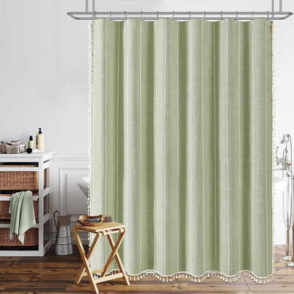 BTTN 54x78 Boho Farmhouse Linen Heavy Duty Shower Curtain Set, Sage Green