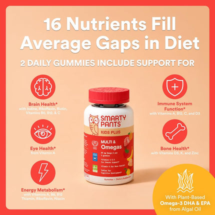 SmartyPants Kids Multivitamin Gummies - Improved Formula: Omega 3 (DHA/EPA), Vitamins D3, C, B12, B6, Vitamin A, K & Zinc, Gluten Free, Three Fruit Flavors, 60 Count (30 Day Supply)