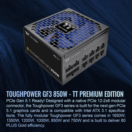 Fuente de alimentación Thermaltake Toughpower GF3 850W 80+ Gold Full Modular lista para SLI/Crossfire ATX 3.0 Standard, conector PCIe Gen.5 12VHPWR incluido, PS-TPD-0850FNFAGU-4, negra (9B17-153-438)