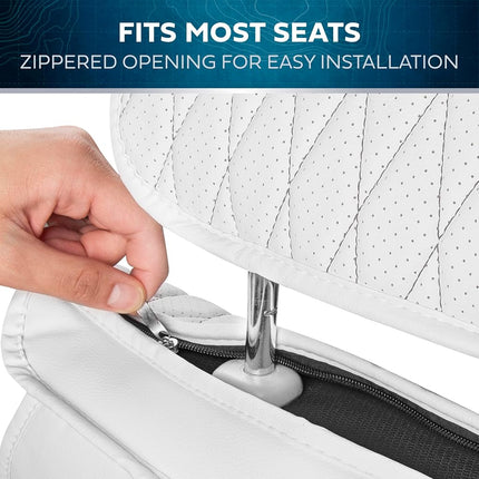 MotorBox Fundas de asiento – Edición DiamondLux Protectores de asiento de piel sintética premium blancos – Accesorios automotrices acolchados con doble costura en forma de cruz para camiones, todoterrenos, coches – Juego de asientos delanteros