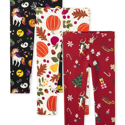 The Children's Place Baby Girls' and Toddler Assorted Everyday Pull on Leggings, Spooky Doodle/Harvest Pumpkin/Christmas Cheer 3-Pack, 5T