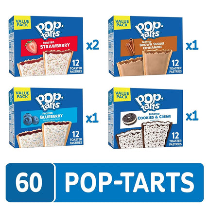 Pop-Tarts Pasteles Tostados, Alimentos para el Desayuno, Bocadillos para Niños, Paquete Surtido (5 Cajas, 60 Pop-Tarts)