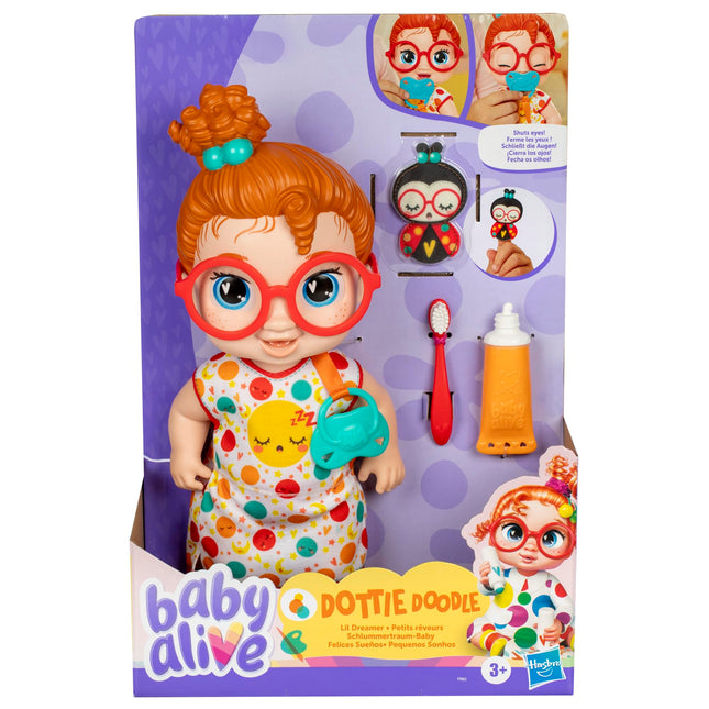 Set de muñeca bebé Baby Alive Lil Dreamer Dottie Doodle, pelo rojo, temática divertida de pijamada, juguetes preescolares para niñas y niños de 3 años en adelante