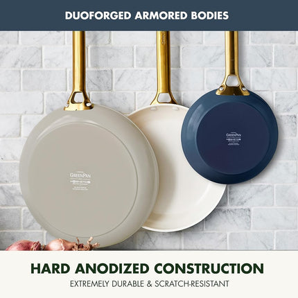 Greenpan Reserve 8� 10� and 12� Induction Suitable Frying Pan Set, Ceramic Nonstick Hard Anodized Skillets, PFAS & PFOA-Free, Dishwasher and Oven Safe, Gold Handles, Navy, Taupe, Cream Mixed Colors