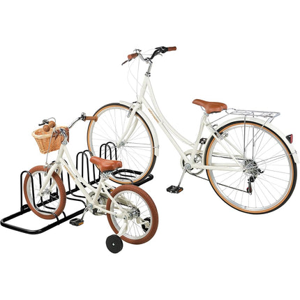Retrospec Stash Rack Soporte de suelo para 2, 4 y 5 bicicletas, organizador de almacenamiento para bicicletas de montaña, de carretera, revestimiento de acero en polvo fino resistente a la intemperie, se adapta a ruedas de hasta 3", negro, 4 bicicletas