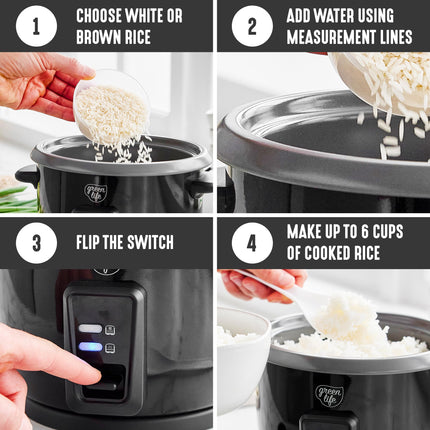 GreenLife Electric Rice Cooker, 3-Cups Uncooked/6-Cups Cooked, Removable PFAS-Free Nonstick Pot, One-Switch Design, Auto Keep Warm, Small Space Saving, Rice Paddle, Soup, Grains, Oatmeal, 1.5 QT