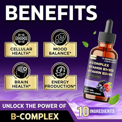 10in1 Vitamin B Complex Liquid Drops with B1 Thiamine, B12 Methylcobalamin, B2 Riboflavin, B3 Niacinamide, B5 Pantothenic Acid, B6 Pyridoxine, B7 Biotin and More - 30ml 1 Fl Oz