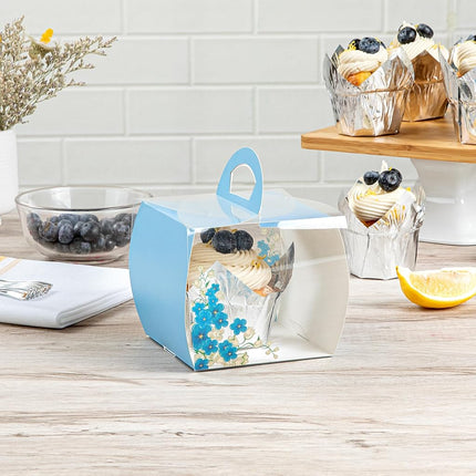 Restaurantware-4 Inch x 4.25 Inch Individual Cupcake Boxes, 100 Disposable Cupcake Display Boxes - with Handle, Flower Accent, Clear Plastic Single Cupcake Containers, for Weddings Or Birthdays