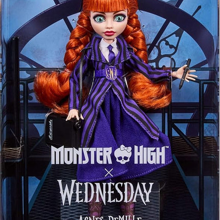 Monster High x Wednesday Doll, Agnes DeMille Collectible in Purple Nevermore Academy Uniform with Accessories Like Pen and Notebook Purse