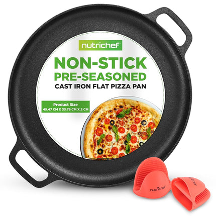 Poêle à pizza en fonte de 13 po - Poêle de cuisson à pizza en fonte avec poignée facile à saisir - Pour cuisinière à gaz, électrique, en verre, à induction, four et gril/feu de camp - 2 poignées en silicone - Nutrichef NCCIPD