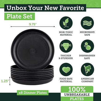 Grow Forward Premium Wheat Straw Plates - 10 Inch Reusable Hard Plastic Dinner Plates Set of 8 - Unbreakable Microwave Safe Plates for Dessert, Camping, RV, Outdoors, Patio, Kitchen Dishes - Midnight