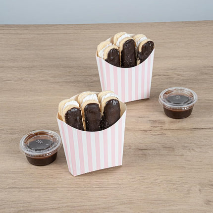 Bio Tek 4.5 x 3.2 x 3.9 Inch French Fry Cup, 100 Disposable Snack Cups - Stackable, Sustainable, Pink and White Paper 3 Ounce Fry Holder, for Fries, Onion Rings, Popcorn, or Cookies - Restaurantware