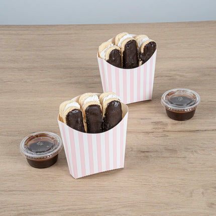 Bio Tek 4.5 x 3.2 x 3.9 Inch French Fry Cup, 100 Disposable Snack Cups - Stackable, Sustainable, Pink and White Paper 3 Ounce Fry Holder, for Fries, Onion Rings, Popcorn, or Cookies - Restaurantware