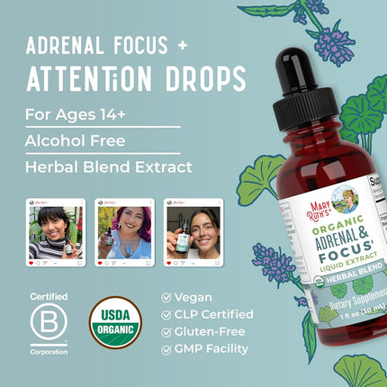 Adrenal Support & Focus Supplement by MaryRuth's | Adrenal Supplements Help The Body Manage Stressors & Improve Focus | Nootropic Adrenal Complex with Astragalus Root, Gingko Leaf, Wood Betony Herb