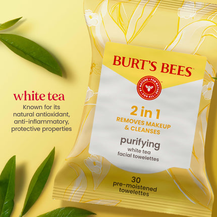 Burt's Bees Facial Cleansing Towelette Wipes for Normal Skin with White Tea Extract, 30 Counts (Package May Vary)