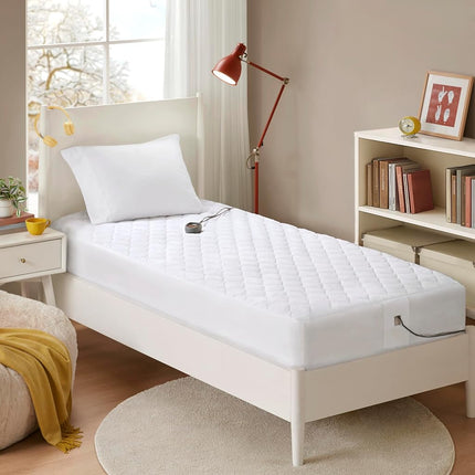 Protège-matelas chauffant Beautyrest Cotton - Couverture chauffante avec contrôleur à 20 réglages de chaleur, minuterie d'arrêt automatique, poches profondes élastiques, certifié UL, lavable en machine, blanc très grand lit jumeau