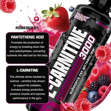 Nutrex Research Liquid Carnitine 3000 | Premium Liquid Carnitine, Stimulant Free, Fat Loss Support | Berry Blast