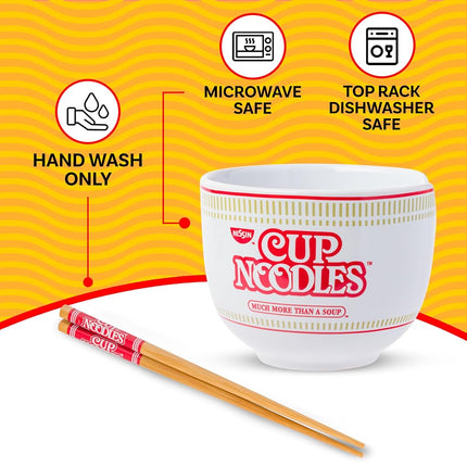 Silver Buffalo Nissin Classic Cup Noodles Logo Much More Than a Soup Ceramic Ramen Noodle Rice Bowl with Chopsticks, Microwave Safe, 20 Ounces