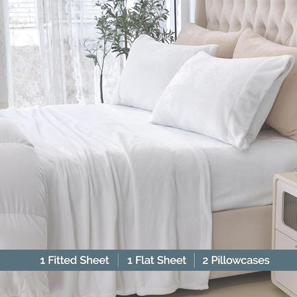 Elegant Comfort Luxuriously Soft 4-Piece Velvet Plush Flannel Sheet Set - Premium Quality - Cozy Warm, Anti-Static, Non Pilling Fuzzy Velvet Flannel Fleece Deep Pocket Sheet Set - Twin XL, White