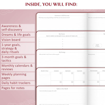 Legend Planner Undated, Weekly & Daily Goal Journal, A4 Wine Red Gold