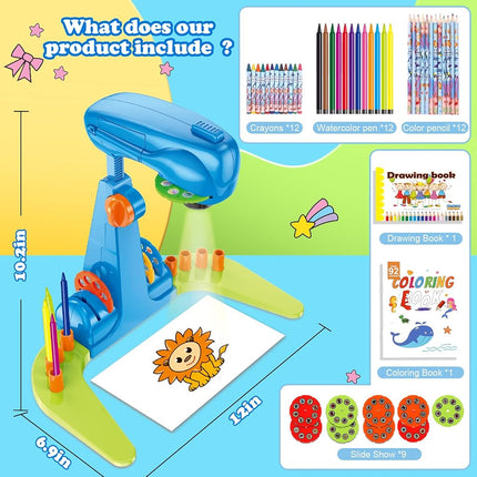 Kids Drawing Projector Kit - Complete Art & Craft Set for Girls Ages 3+ with Crayons, Stencils & Coloring Books (Blue)