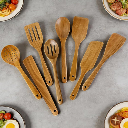 8 Pcs Best Acacia Wood Kitchen Utensil Set Wooden Spoons for Cooking Wok Turner Spatulas Bamboo Non Toxic Cooking Utensils Scraper Spurtle Kitchen Slotted Cooking Spoon Flat Egg Flipper Spatula Set