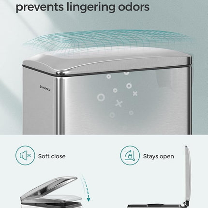 SONGMICS 48L Slim Pedal Bin, Steel, with Lid, Soft Closure
