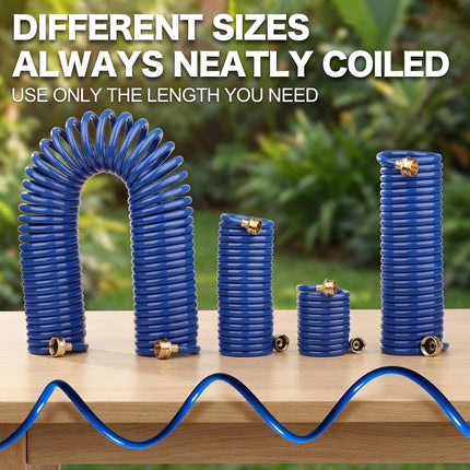 FUNJEE EVA Coil Garden Hose for Gardener: Retractable Self Coiling Hoses with 3/4" GHT Quick Connector Fittings - Kink Free and Flexible for Home and Garden Yard (50FT, Blue)