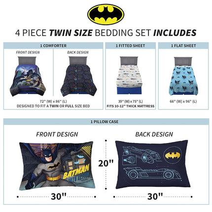 Franco Kids Bedding Super Soft Comforter and Sheet Set, 4 Piece Twin Size, Batman