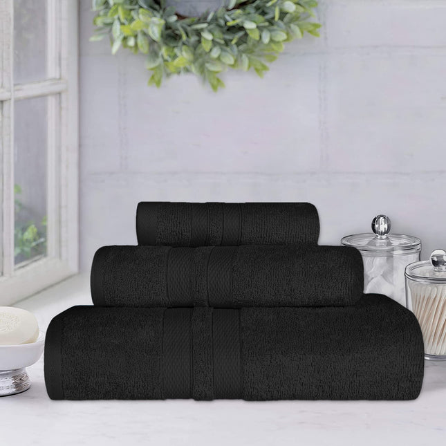 Superior Premium Cotton, Absorbent & Ultra Soft 6 Piece Towel Set with Unique Honeycomb Double Border, Black