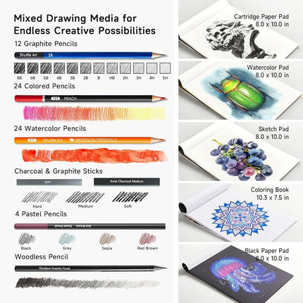 Shuttle Art Sketching and Drawing Pencils Set, 124 Pack Sketch Art Pencil Set with 4 Drawing Pads, Graphite Pencils in Zipper Case, Colouring Pencils for Artist Sketching, Art Set for Adults, Beginner