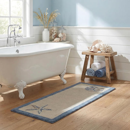 Madison Park Bayside 100% Cotton Tufted Non-Slip Absorbent Ultra Soft Seashells Beach Style Bath Mat Bathroom Rugs, 24X60 Inches Blue