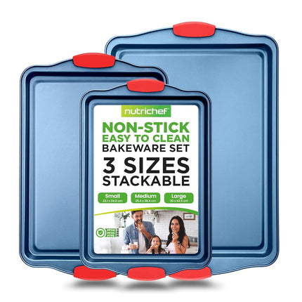 NutriChef, Bakeware Set, Baking Sheets, Cookie Sheets, Sheet Pan, Baking Tray, Nonstick, Blue Carbon Steel Baking Set, Professional Kitchen Oven Trays, Roasting Pans, 3 pc.