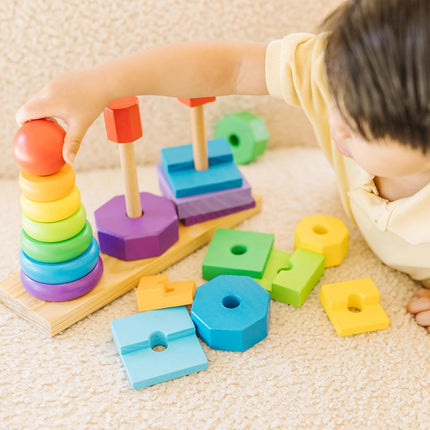 Melissa & Doug Geometric Stacker - Wooden Educational Toy - Shape Sorter And Stacking Toy, Stacking Tower Toy For Babies, Toddlers And Kids Ages 2+
