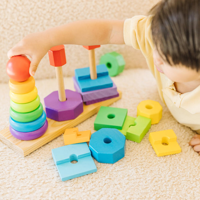 Melissa & Doug Geometric Stacker - Wooden Educational Toy - Shape Sorter And Stacking Toy, Stacking Tower Toy For Babies, Toddlers And Kids Ages 2+
