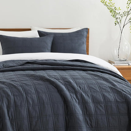 HORIMOTE HOME 100% Cotton Quilt Set Queen Size, Denim Blue Pre-Washed Bedspreads Coverlet Set in Geometric Pattern, Cozy Lightweight Stitching Decorative Bedding Cover with 2 Shams for All Season