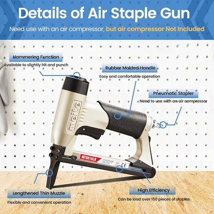 meite MT8016LN Pneumatic Staple Gun Extended Nose Upholstery Stapler Accepts 21 Gauge 12.8mm Crown Accepts 6-16mm, Air Stapler Gun for Furniture Sofa Fabric Bedding Cabinetry Woodworking