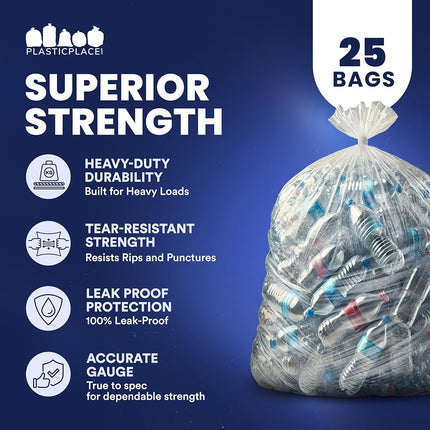 Plasticplace 95 Gallon Trash Bags, 2.0 Mil, 61"W x 68"H, Clear, 25/Case