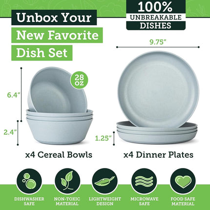 Grow Forward Premium Wheat Straw Plates and Bowls Sets - 8 Unbreakable Microwave Safe Dishes - Reusable Wheat Straw Dinnerware Sets - Plastic Plates and Bowls Alternative for Camping, RV - Glacier