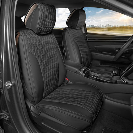 Fundas de asiento de coche MotorBox – Edición DiamondLux de protectores de asiento prémium de piel sintética negra – Accesorios acolchados automotrices con costuras de doble cruz para camiones, todoterrenos, coches – Juego de asientos delanteros