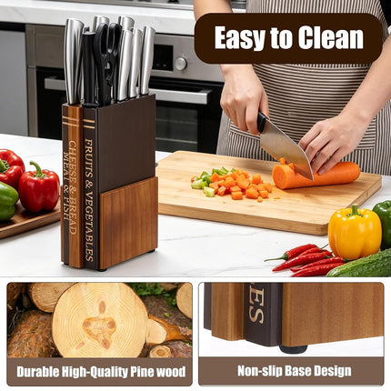 Yalikop Books Universal Knife Block Holder for Kitchen Countertop Large Wood Knife Block Without Knives 12 Slot Decorative Storage Organizer for Butcher Chef Gift