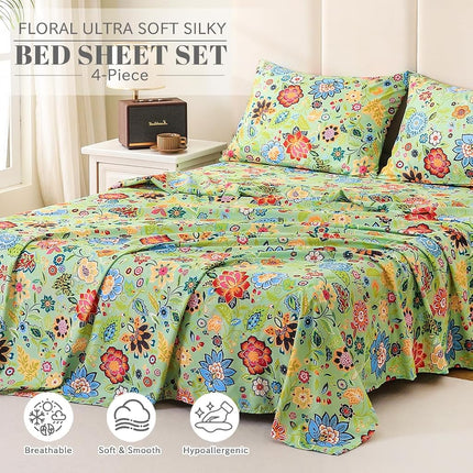 Bedlifes Floral Pattern Bed Sheet Set Full Size, 16" Deep Pocket 4PCS