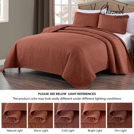 Chezmoi Collection Austin Queen Bedspread Set 3-Piece Pinsonic Quilted Oversized Bedspread Coverlet Set, Queen, Terracotta