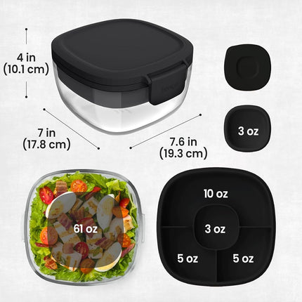 Bentgo Glass All-in-One Salad Container - Large 61-oz Salad Bowl with Lid, 4-Compartment Bento-Style Tray, 3-oz Sauce Container, and Reusable Fork - Dishwasher, Microwave, and Oven Safe (Black Onyx)