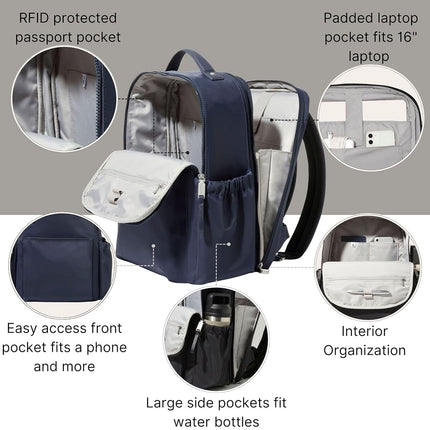 Baggallini Tribeca Expandable Travel Laptop Backpack Water-Resistant Nylon Work Bag w/Organization, Padded Sleeve & RFID Tech, French Navy, One Size