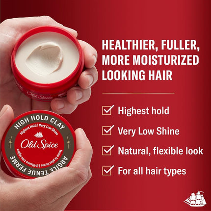 Old Spice Mens Hair Clay, High Hold Styling Clay for Men, High Hold, Very Low Shine, 2.22 oz