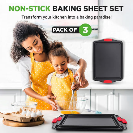 NutriChef Baking Tray Set 3 Piece Non Stick Baking Trays for Oven Carbon Steel Baking Sheets Small Medium Large Oven Trays with Silicone Handles Stackable Bakeware for Cookies Cakes Roasting