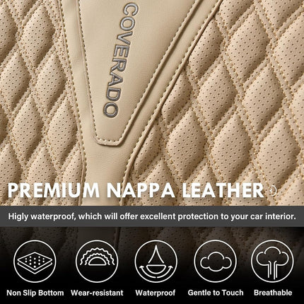 Coverado Car Seat Covers Full Set, Waterproof Nappa Leather Seat Covers for Cars, Front and Back Car Seat Protector, Luxury Car Seat Covers, 5 Seats Universal Beige Car Seat Cover Fit for Most Cars