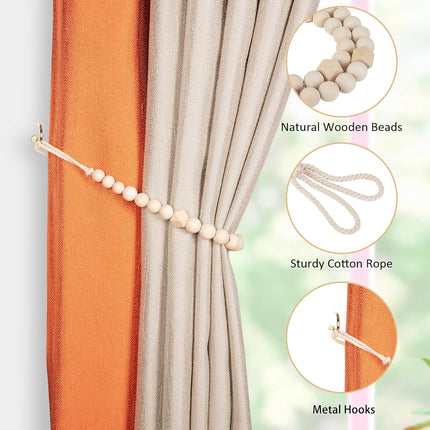 KLOGTSIND Wood Bead Curtain Tiebacks, 6 Pack Curtain Tie Backs with Hooks